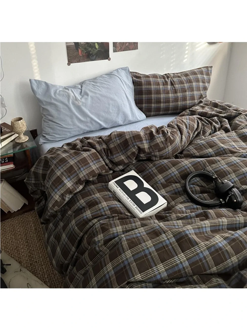 NEW Bildenly Brown and Blue Plaid Duvet Cover Set Full 3 Pcs, OEKO-TEX Certified